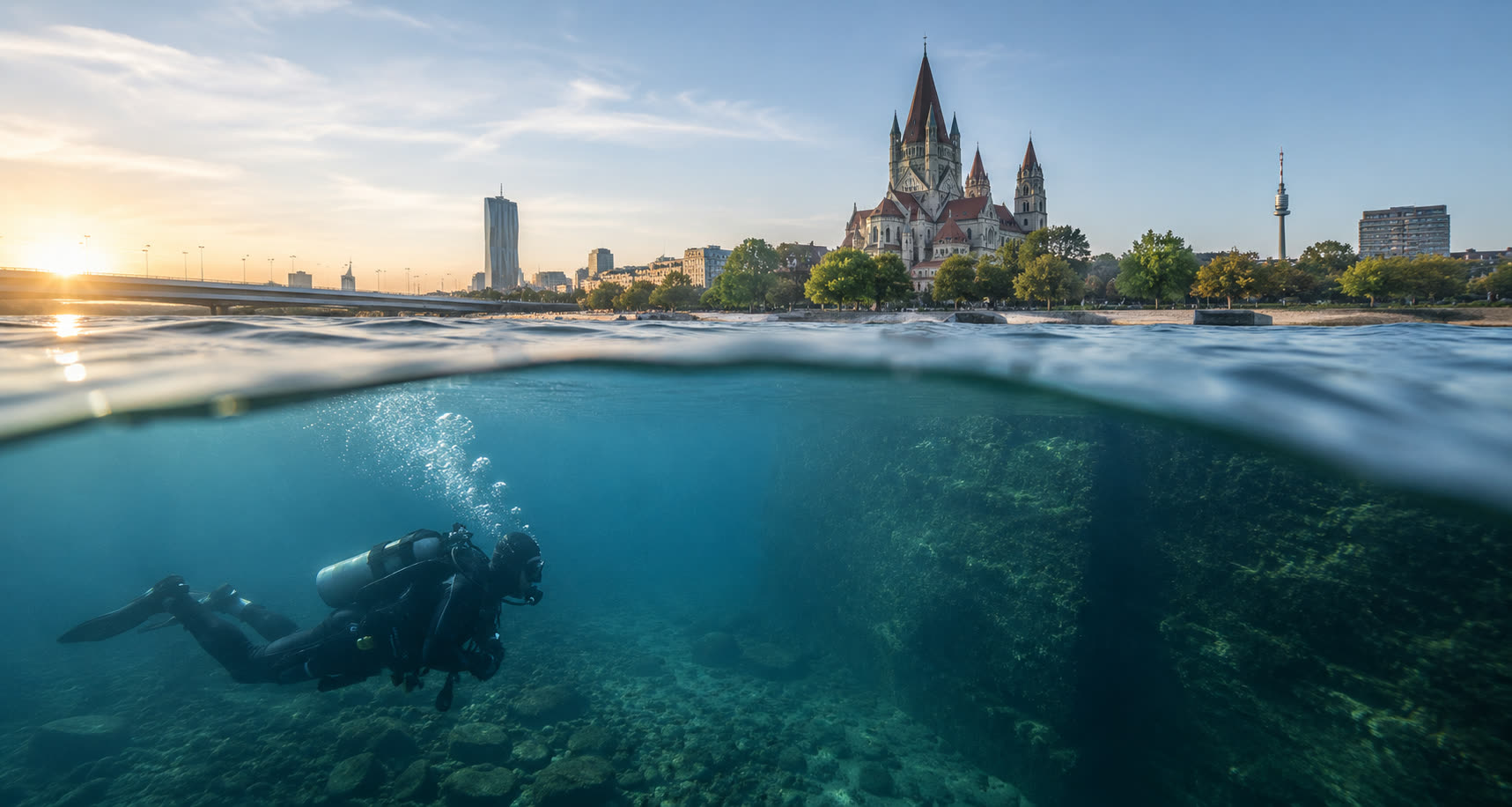Tauchschule Wien — Split-Level-Aufnahme: Wiener Donau-Skyline mit Mexikokirche und Donauturm über Wasser, Taucher in der Donau darunter